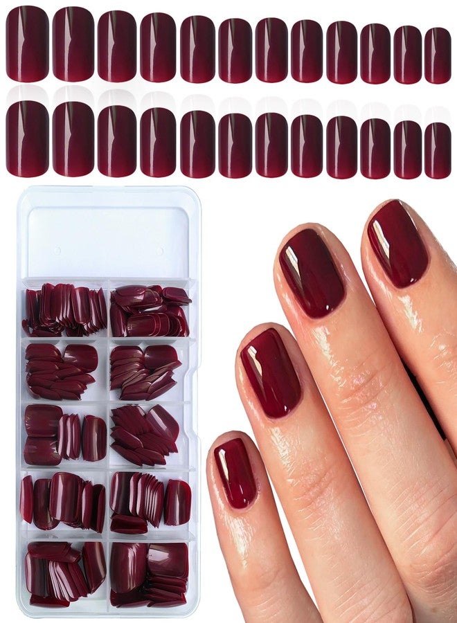 LuckForever Short Press on Nails 240pc Glossy Burgundy Press on Nails Short Square Round Fake Nails Full Cover 10 Sheets Nail Adhesive Tabs,Small Wooden Sticks and Nail Files False Nails for Women - Image 1